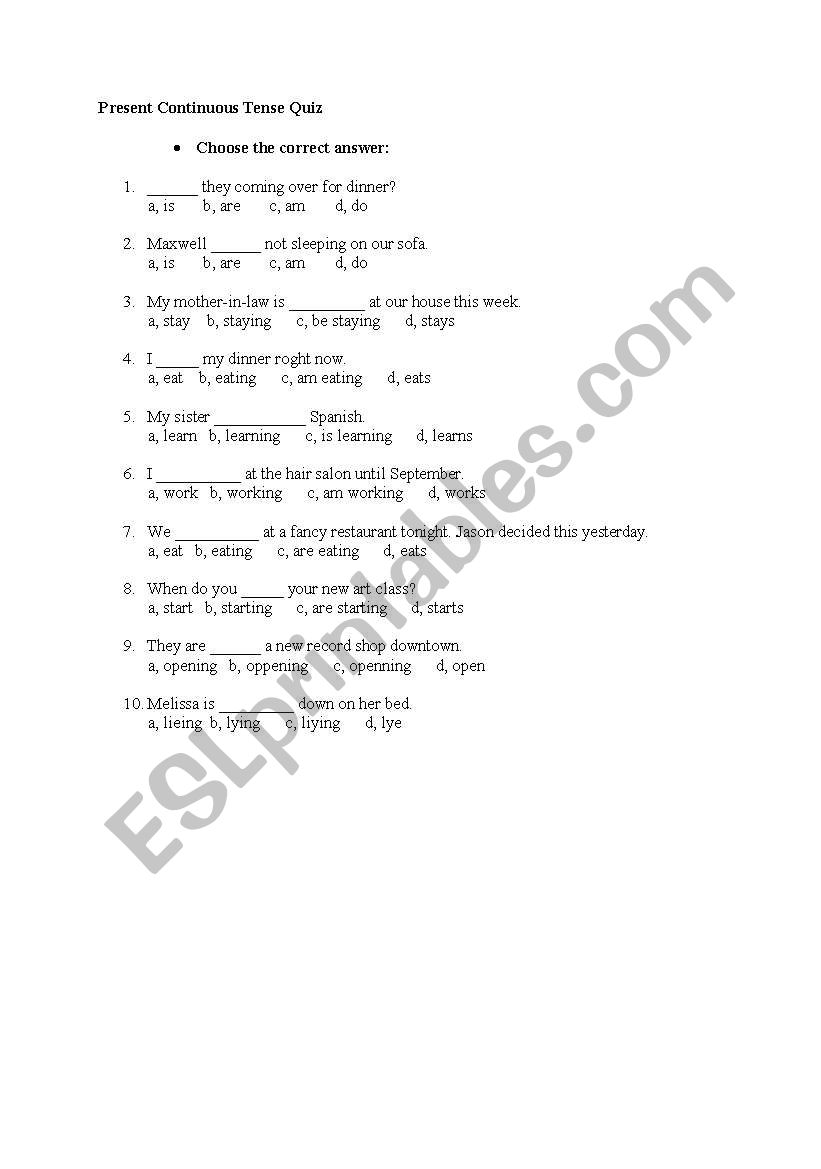 Present Continuous Tense Quiz worksheet