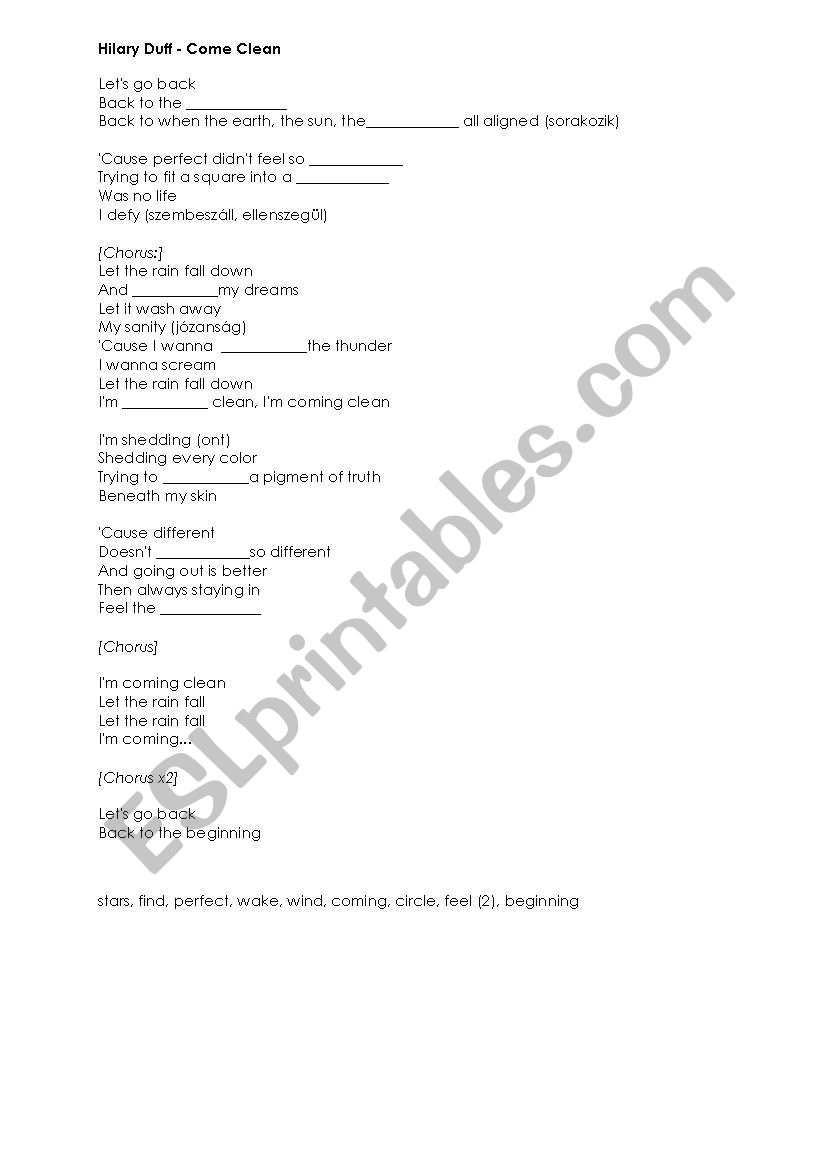 Hilary Duff: Come Clean lyric worksheet