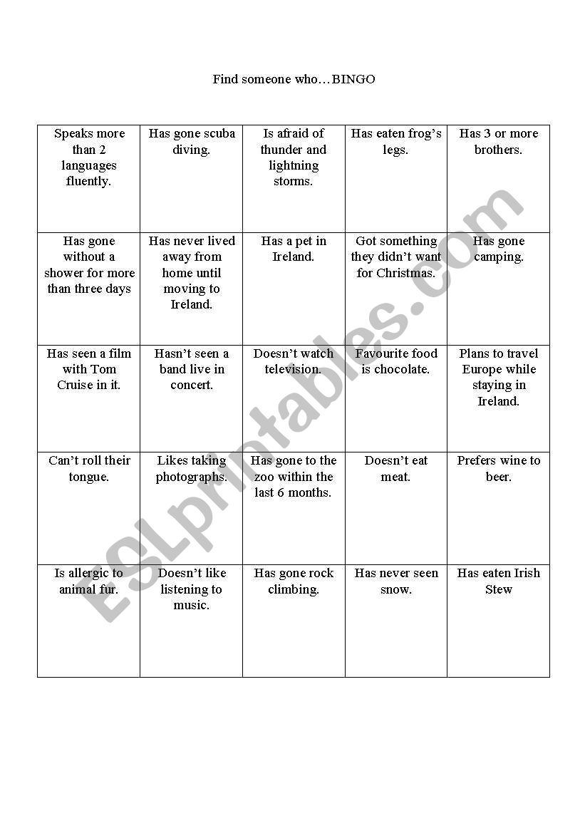 Find Someone Who Bingo ESL Worksheet By Kirsting