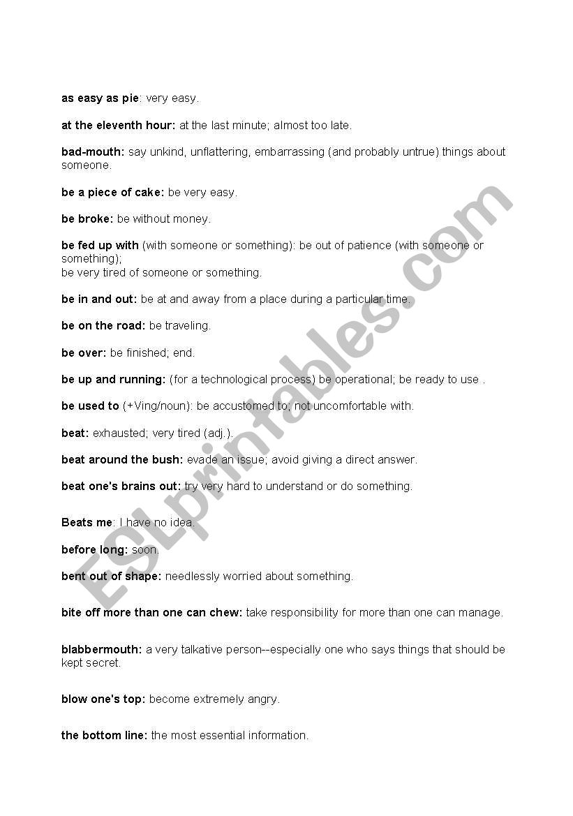 idioms list worksheet