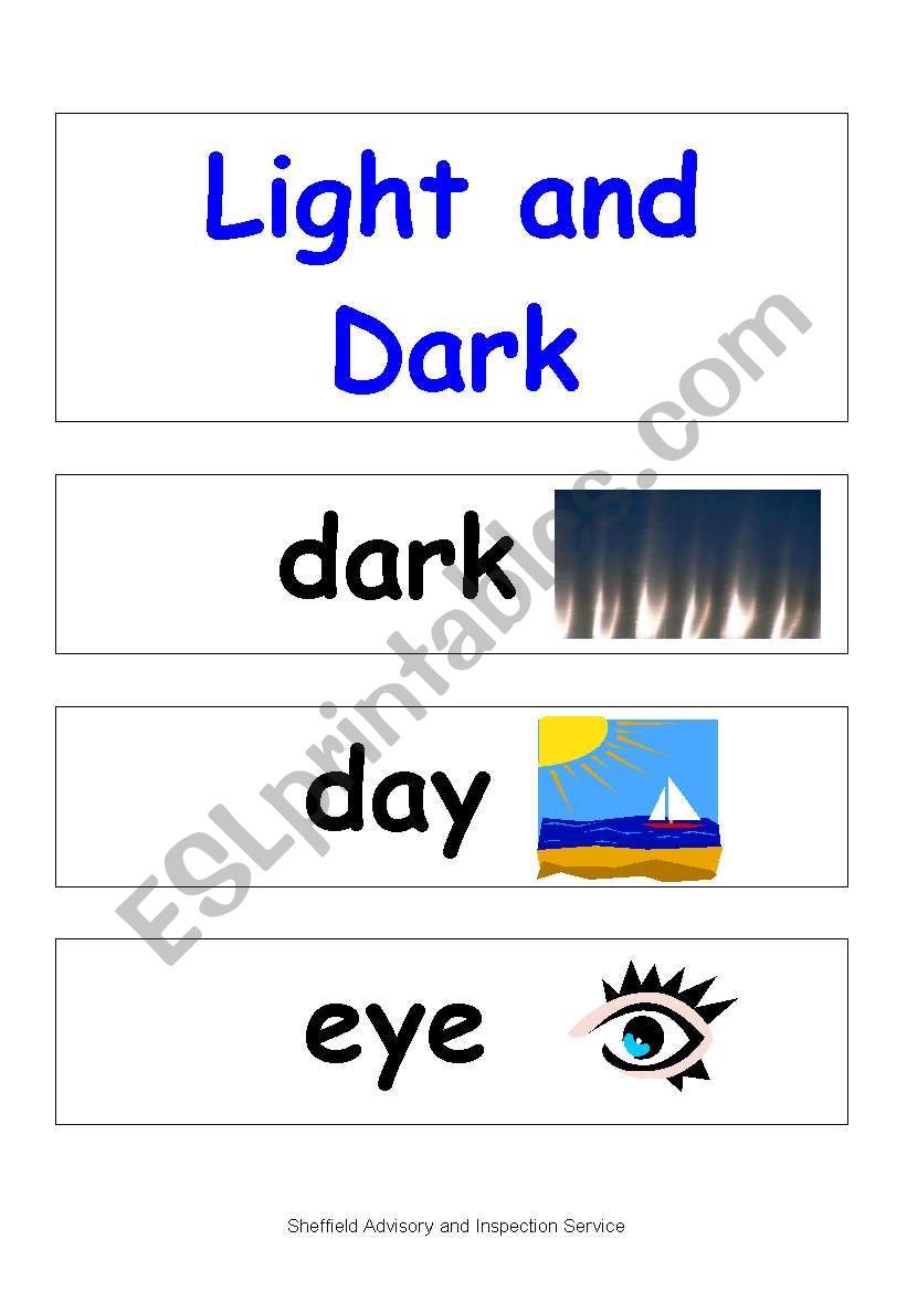 English Worksheets Light And Dark Display Words