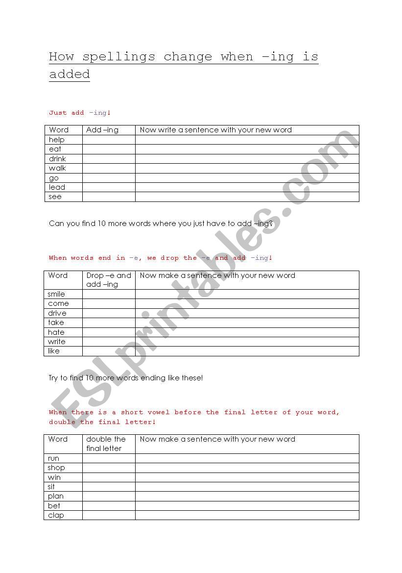 English worksheets: Adding -ing