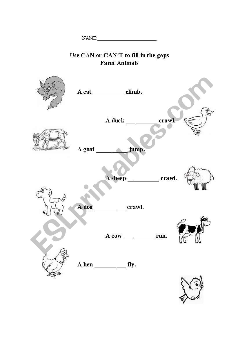 Farm Animals CAN/CAN´T - ESL worksheet by Katlenkler