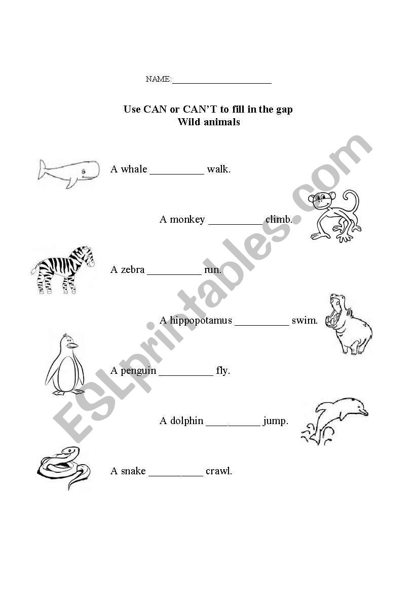 Wild Animals CAN/CAN´T - ESL worksheet by Katlenkler