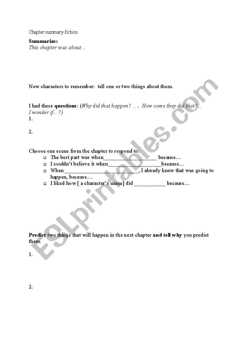 chapter book organizer worksheet