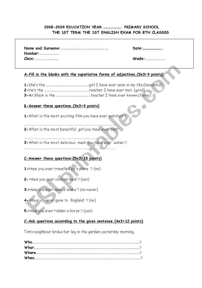 English Exam For 8th Classes worksheet