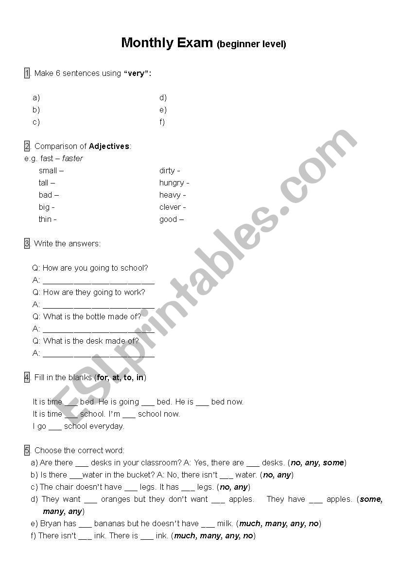 Mothly Exam -adjectives, pronouns, simple prepositions