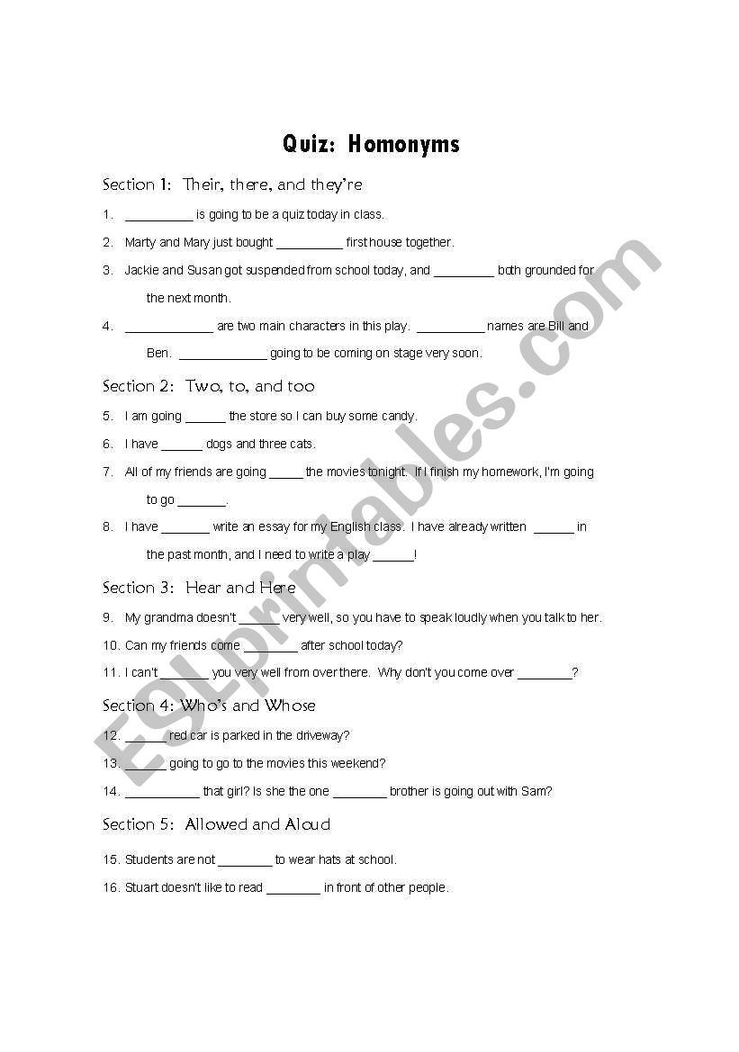 Homonyms worksheet