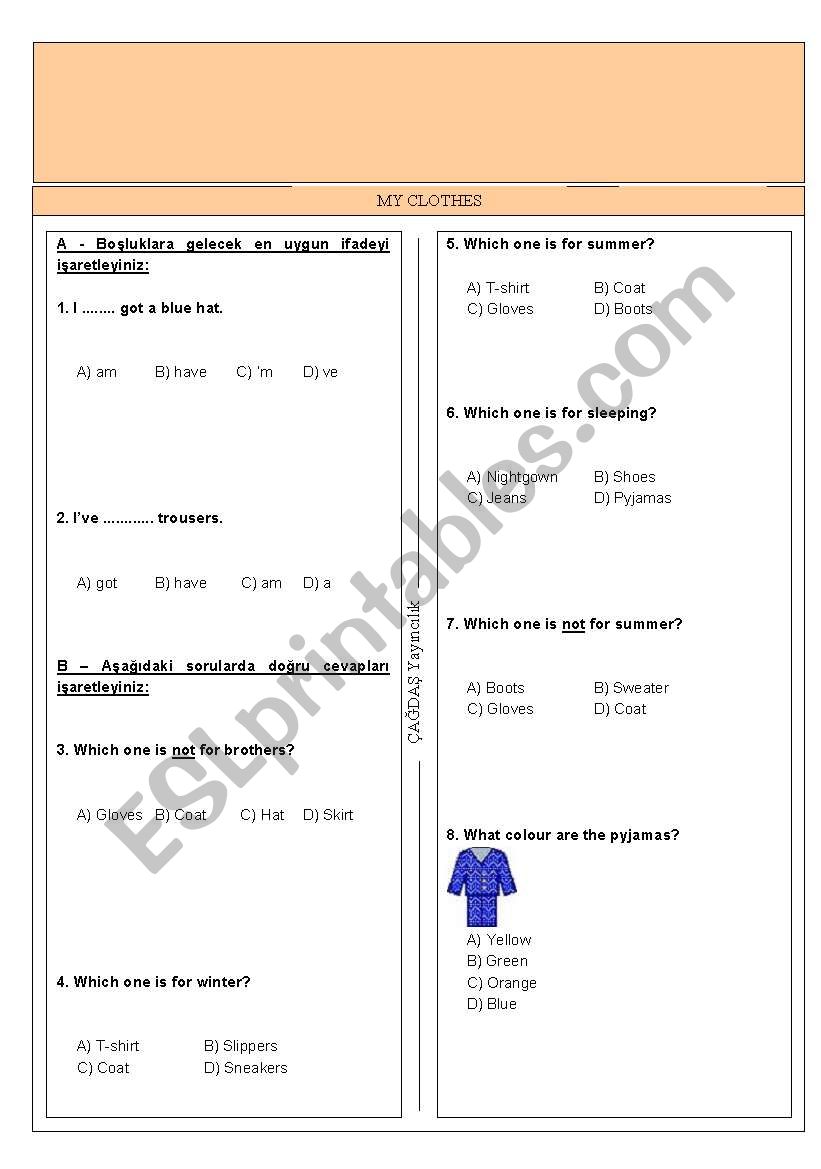 test about clothes worksheet