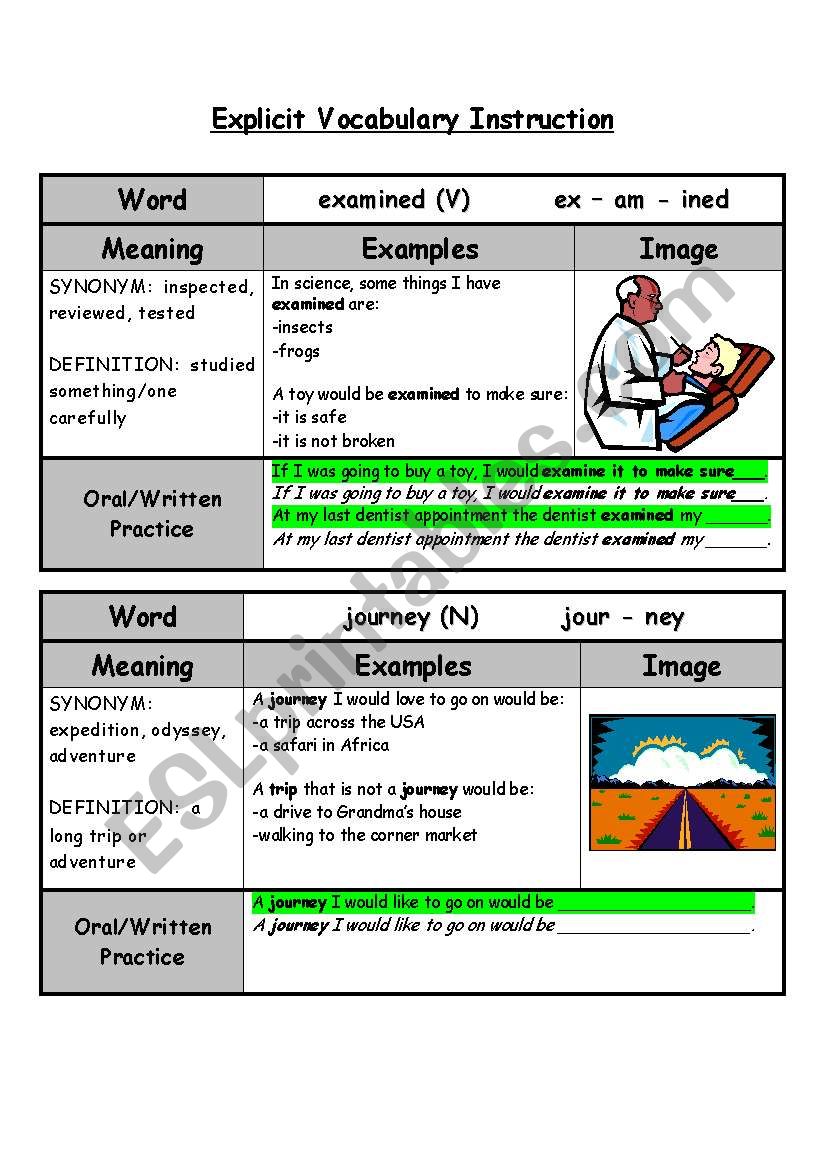 Explicit vocabulary Instruction Worksheet