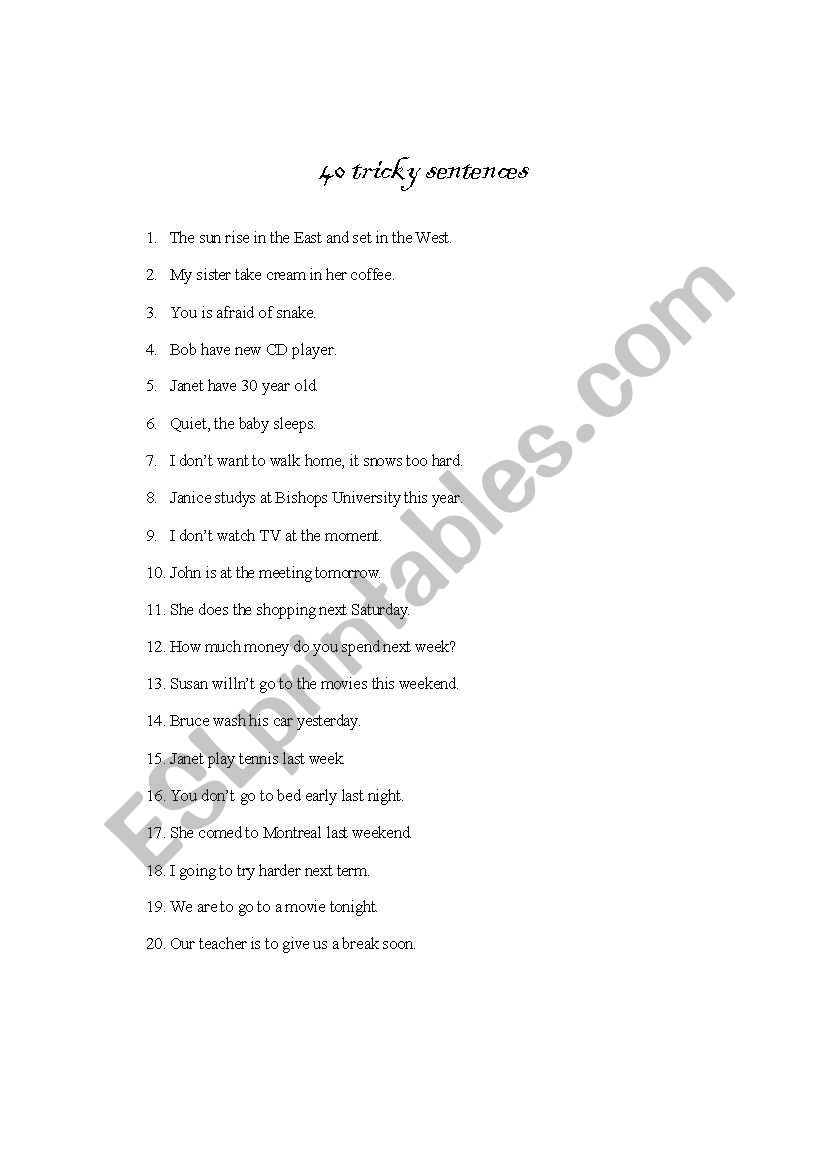 40 tricky sentences worksheet