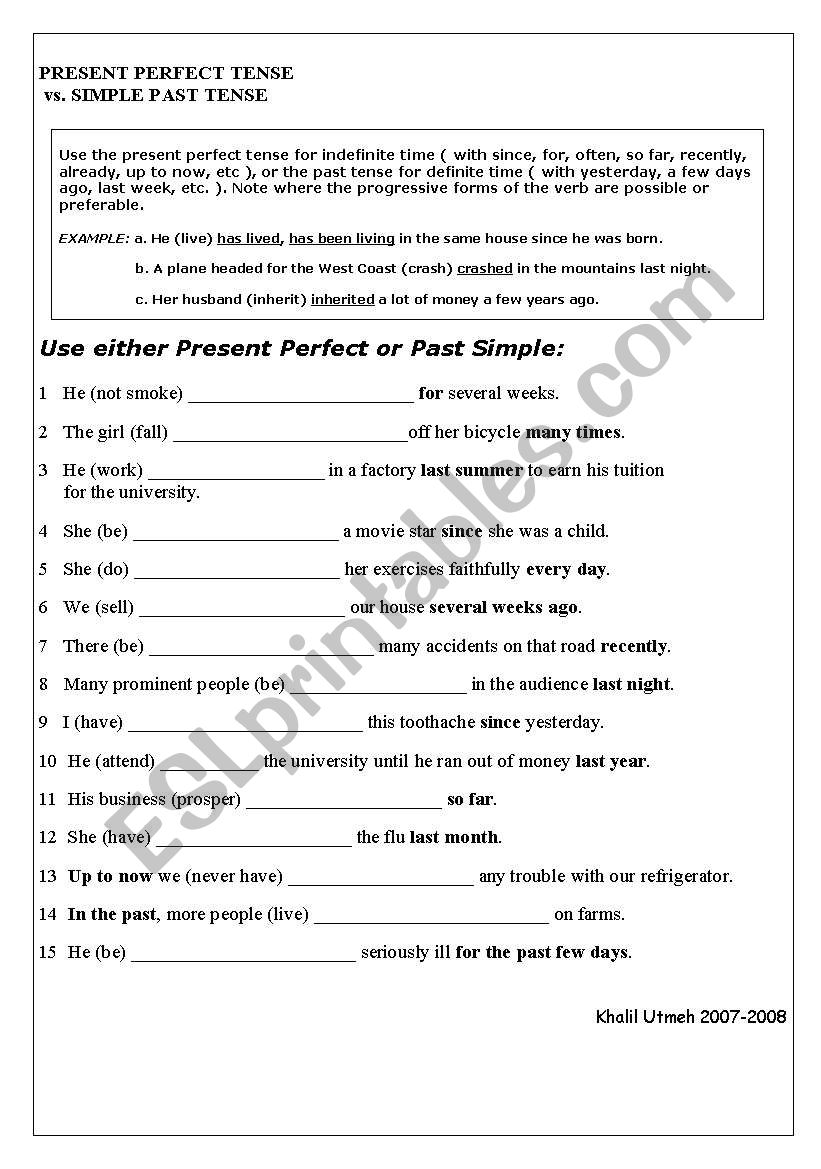 Present Perfect vs Past Simple - ESL worksheet by kh-utmeh