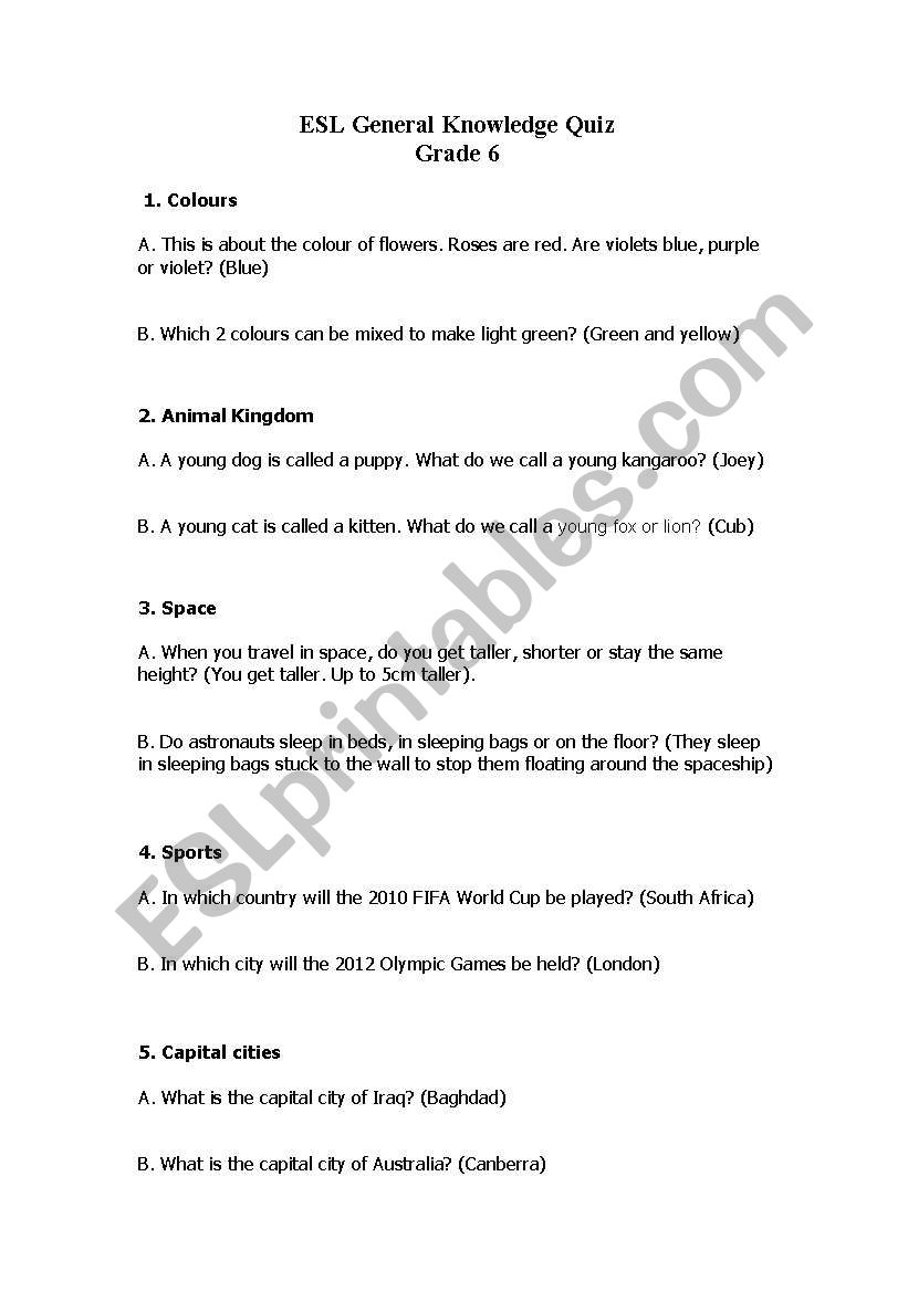 english worksheets general knowledge quiz for esl grade 6