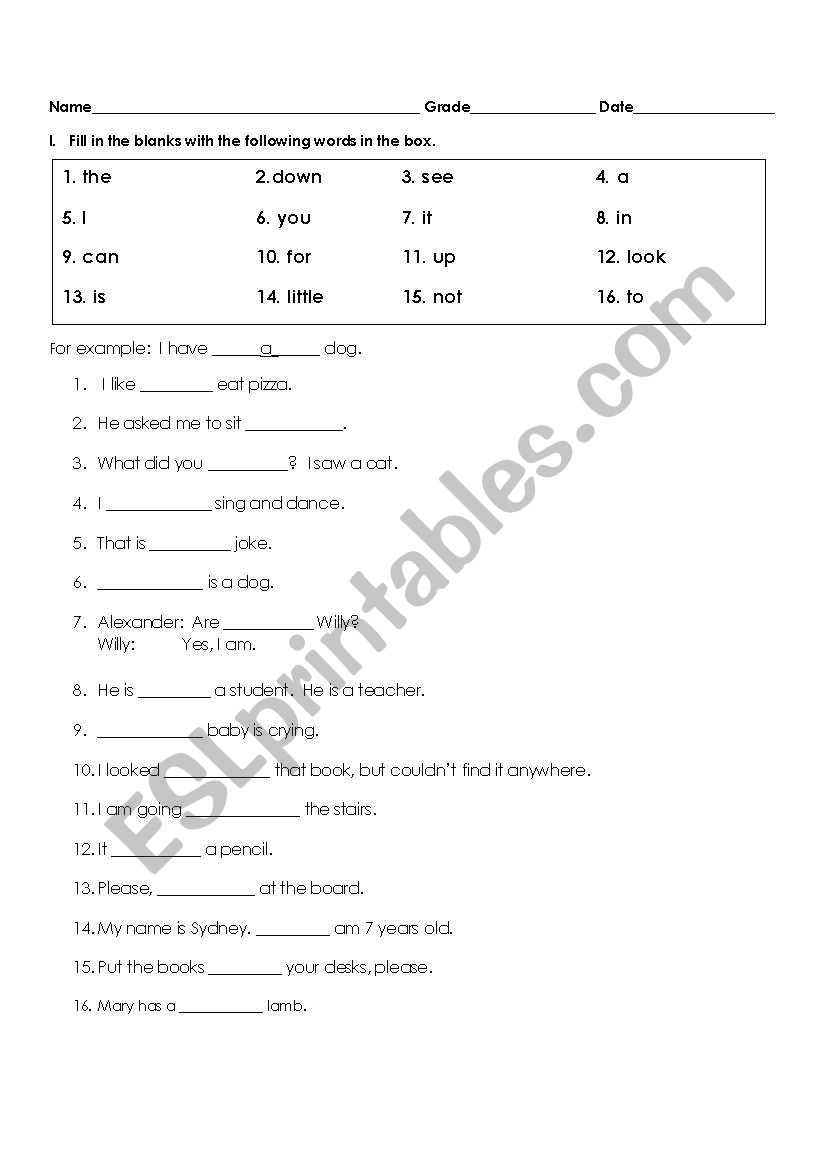 Dolch words worksheet