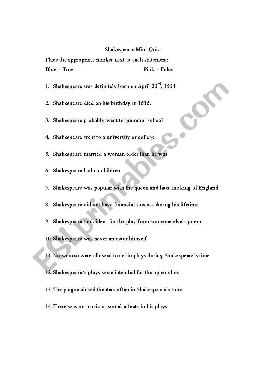 Shakespeare True/False Quiz worksheet
