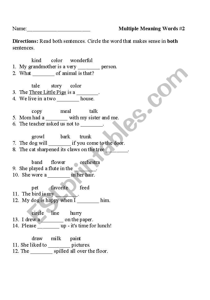 Multiple Meanng Words worksheet