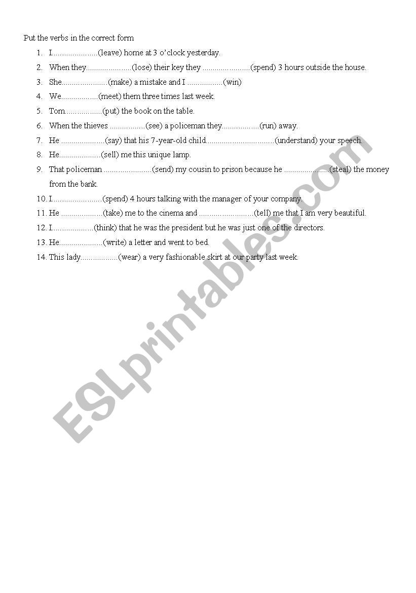 irregular verbs exercise worksheet