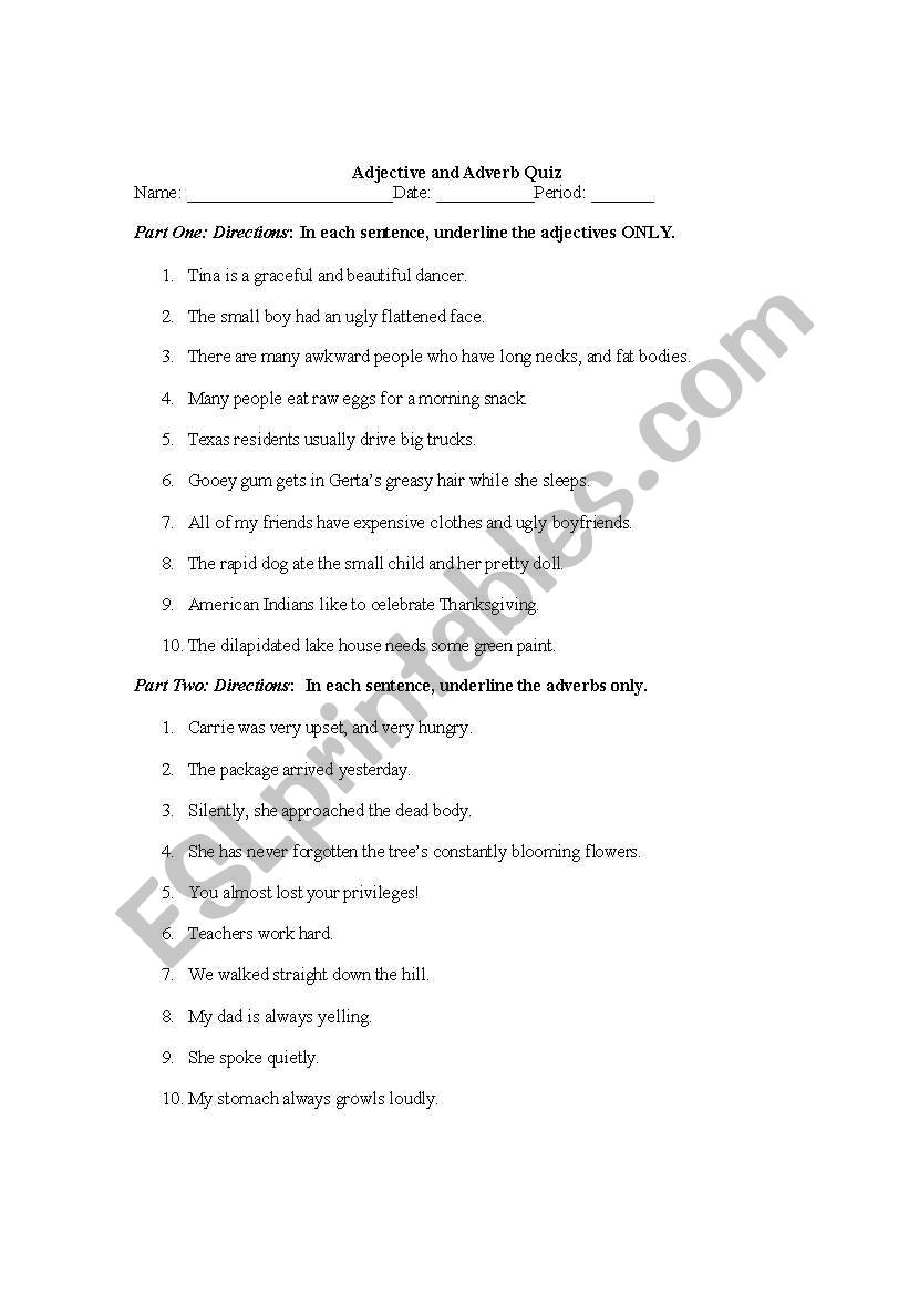 Adjective and Adverb Quiz worksheet