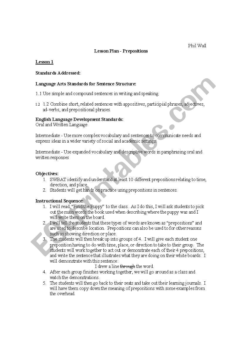Prepostion Introduction worksheet