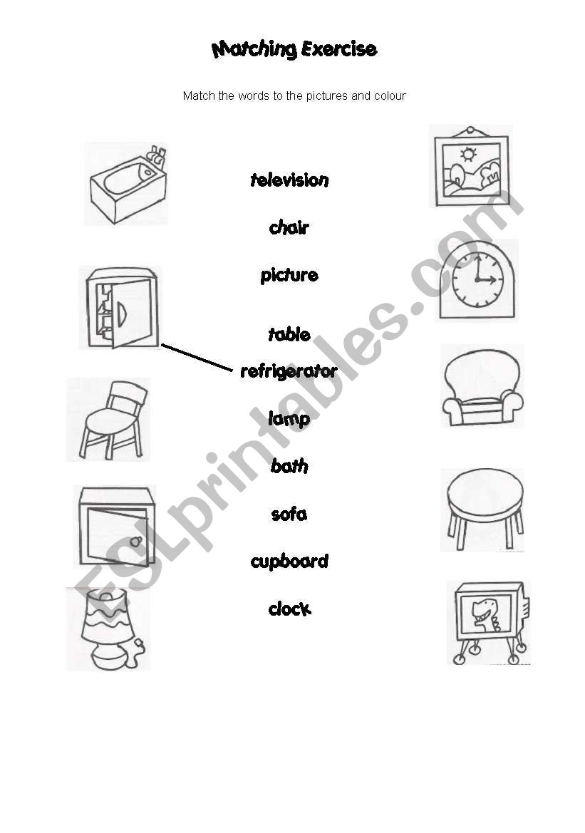 Items in a room matching exercise - ESL worksheet by Jennifer