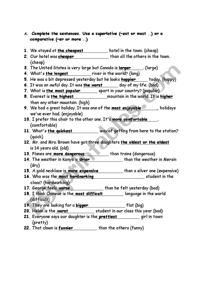 Comparative or Superlative worksheet