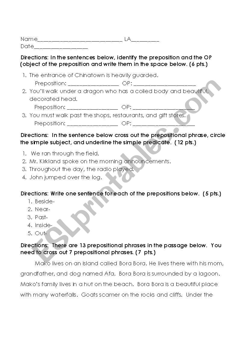 Prepositions Quiz worksheet
