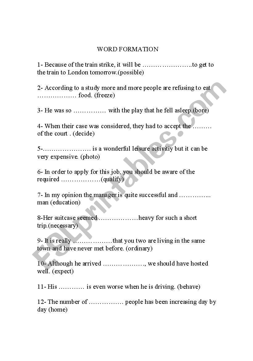 word formation worksheet