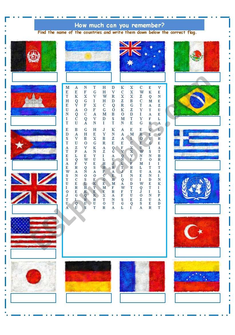 FLAGS WORDSEARCH ESL Worksheet By LA LUNA