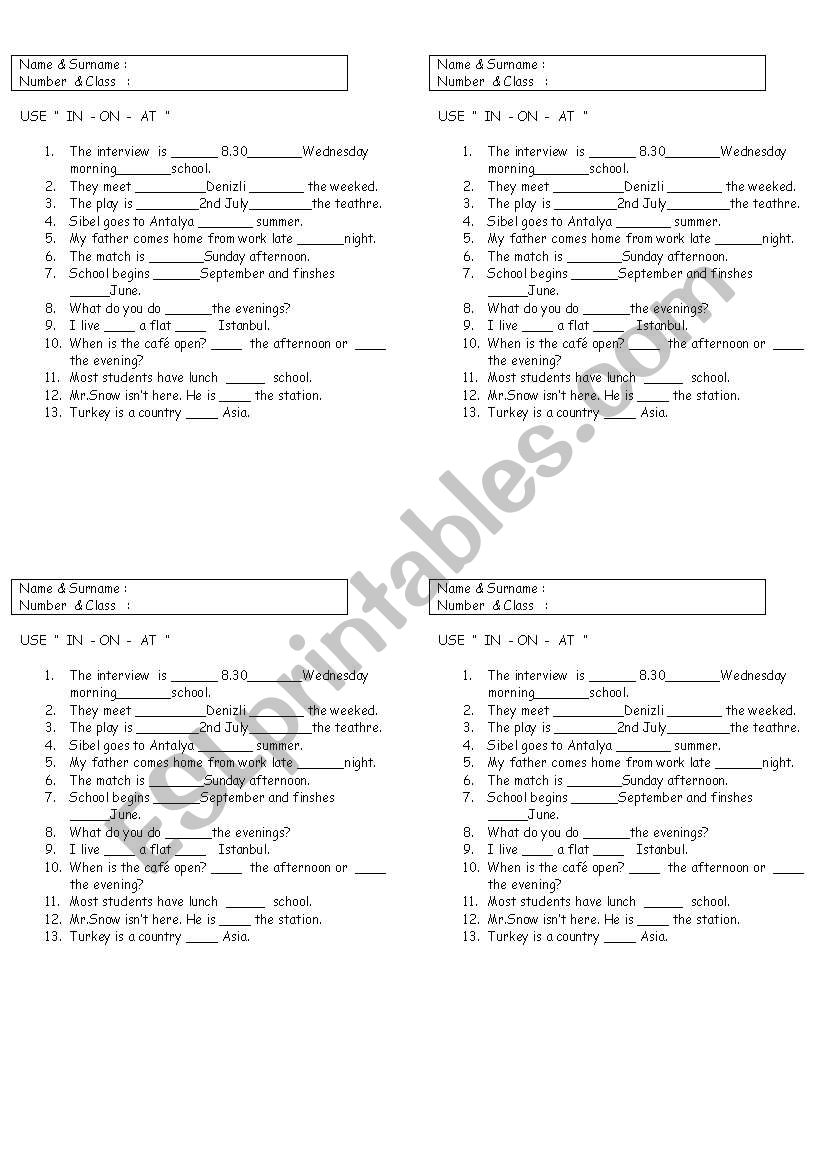 prepositions (in-on-at) worksheet