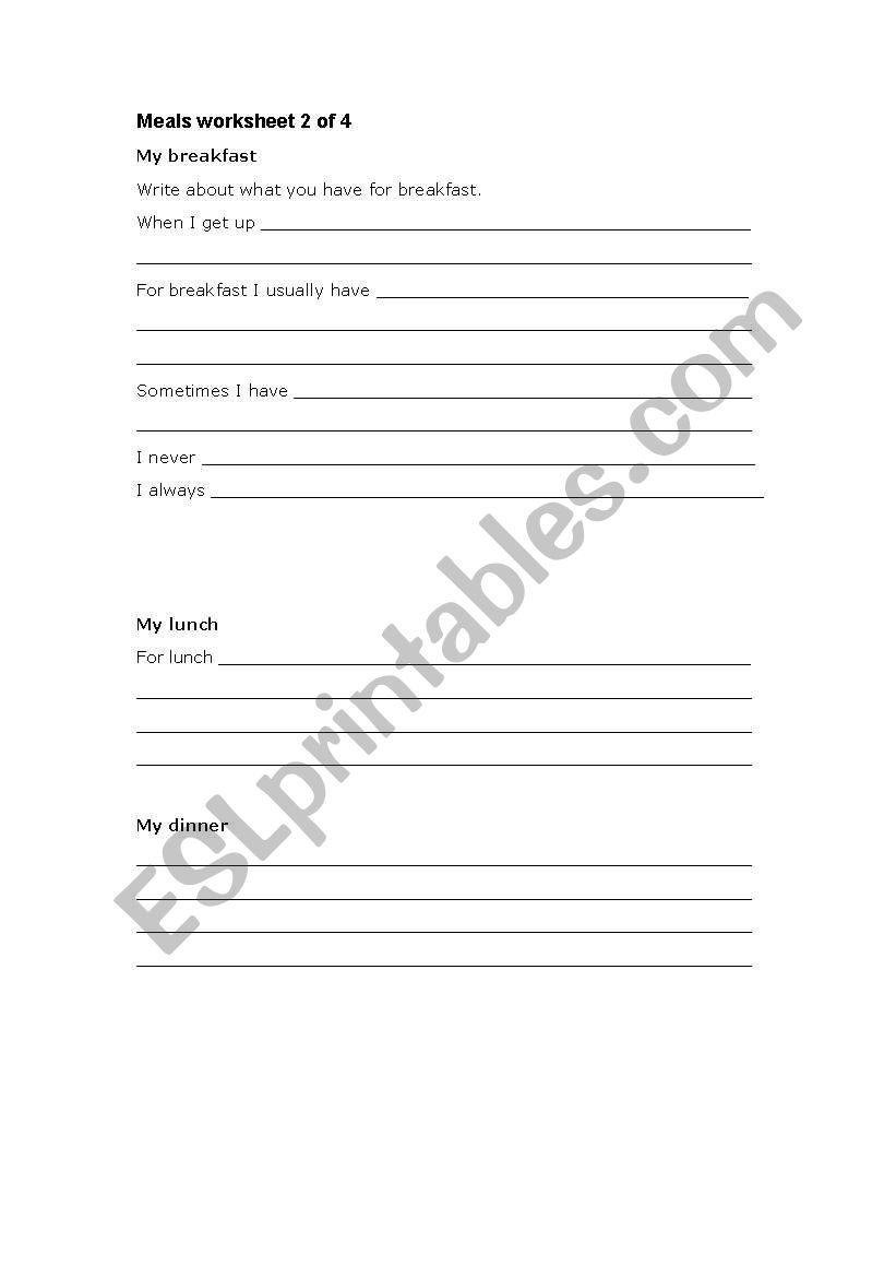 Meal worksheet 2 of 4 worksheet