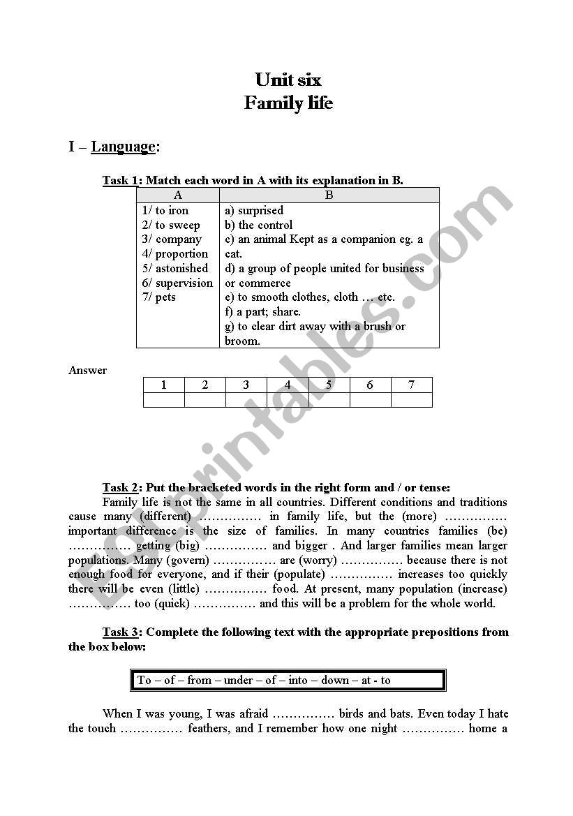 family life worksheet