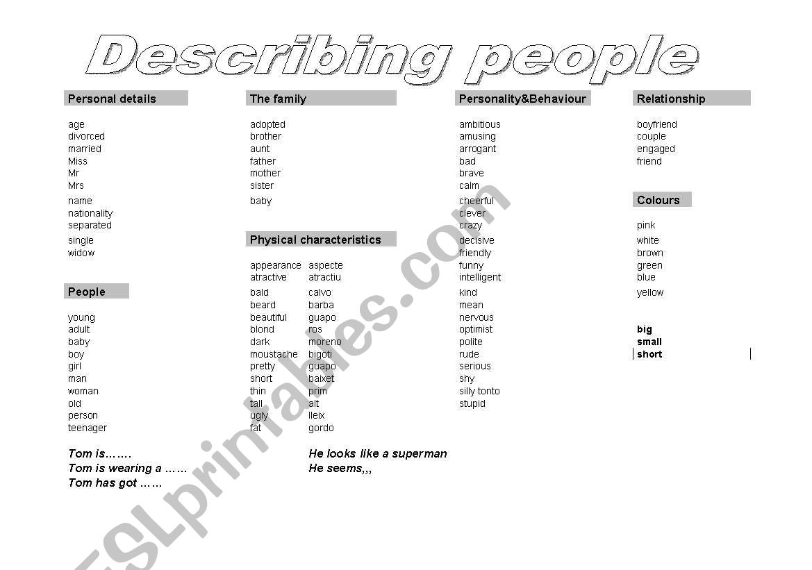 Vocabulary about people worksheet