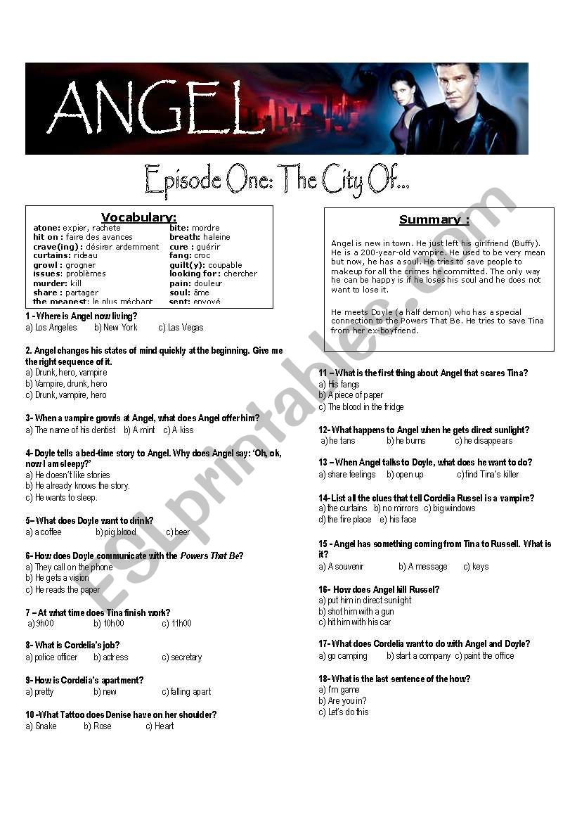 Angel worksheet (season 1 episode 1)