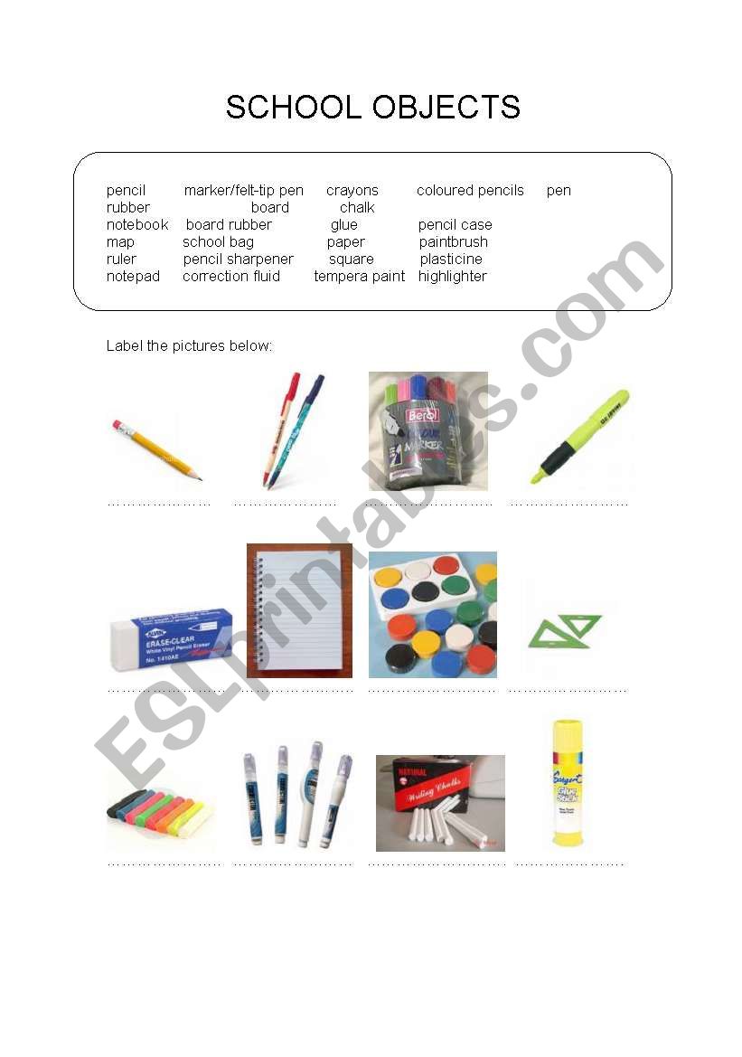 SCHOOL OBJECTS worksheet