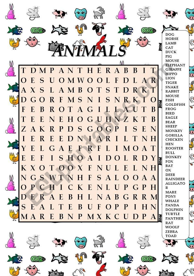 ANIMALS WORDSEARCH - ESL worksheet by ssrl10