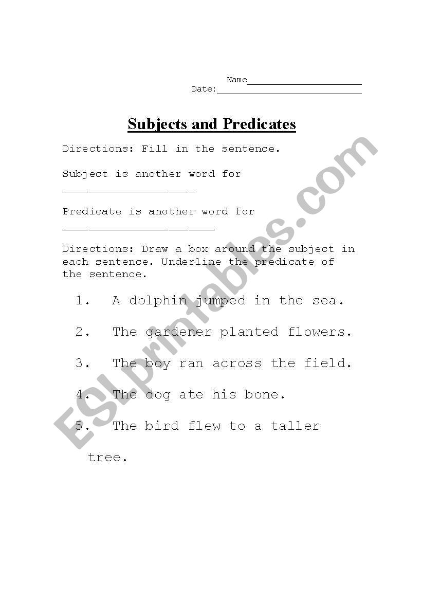 Subject and Predicates worksheet