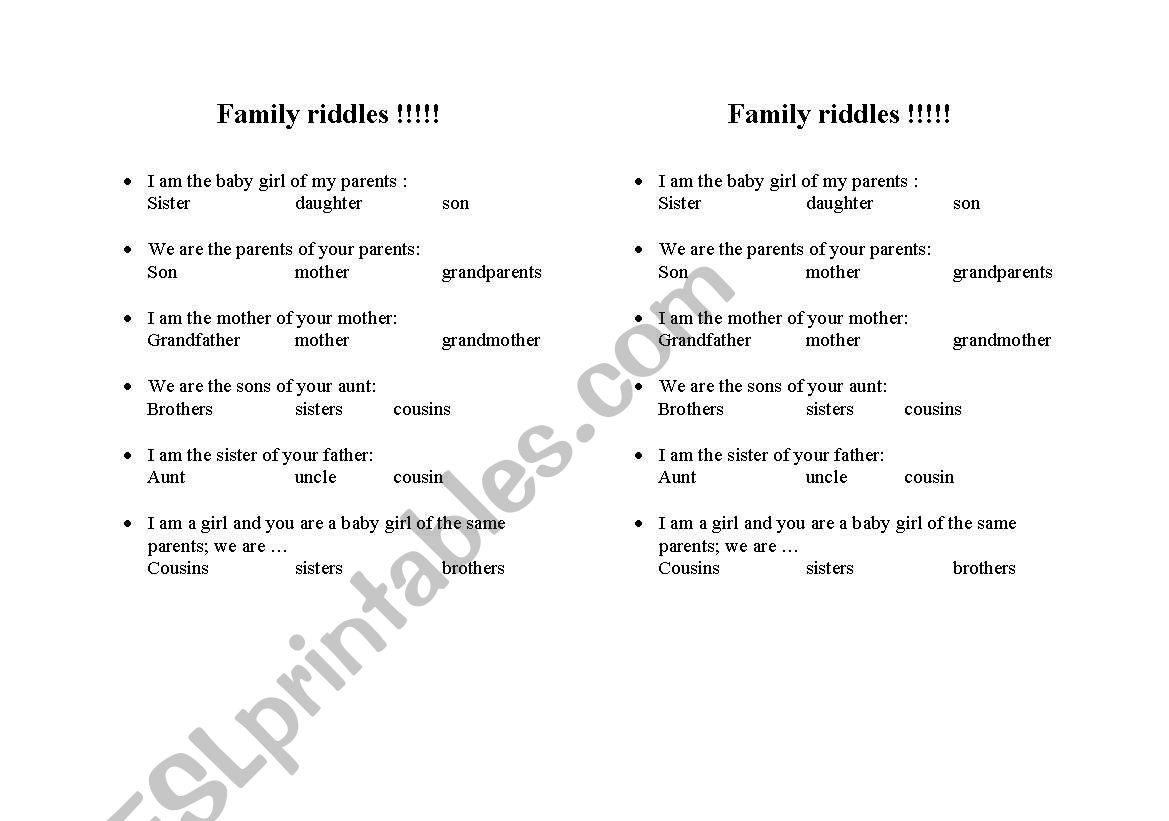 family riddles worksheet
