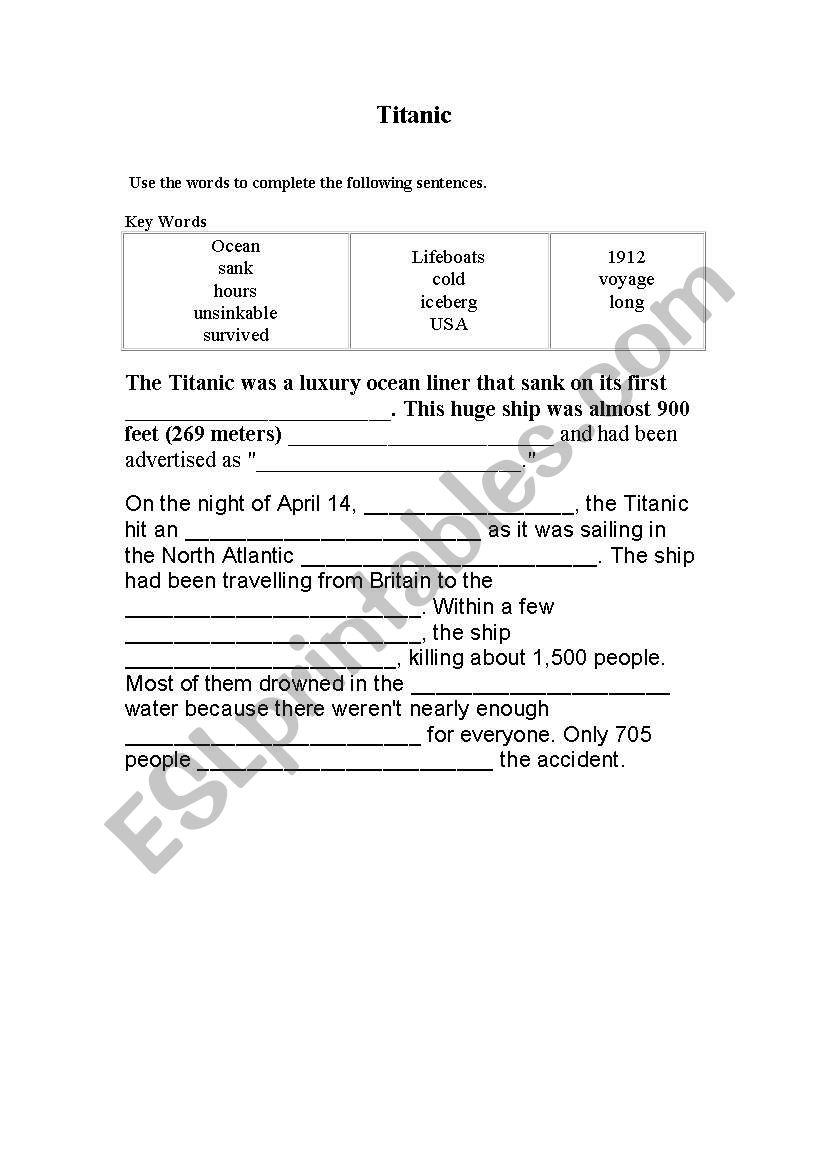 titanic worksheet