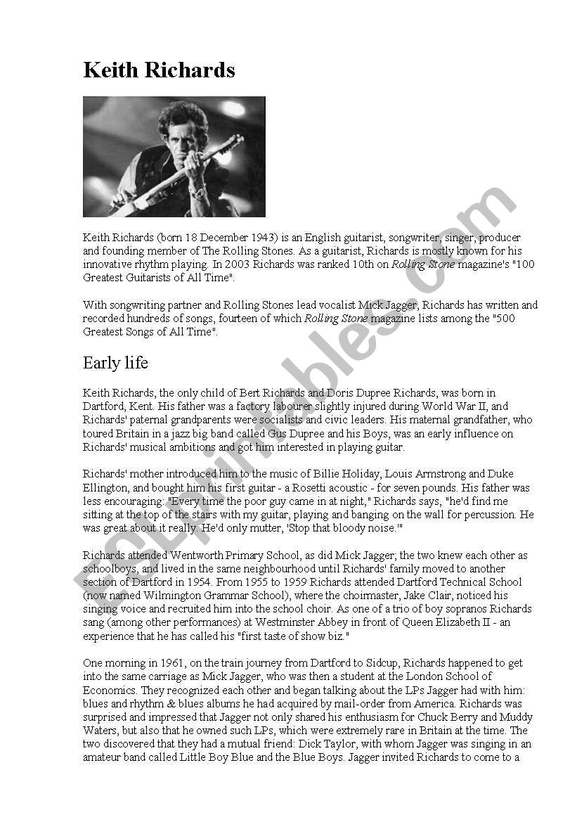 Keith Richards Biography worksheet