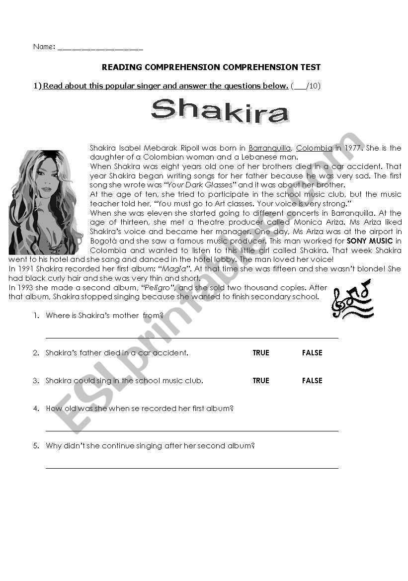 shakira biography worksheet