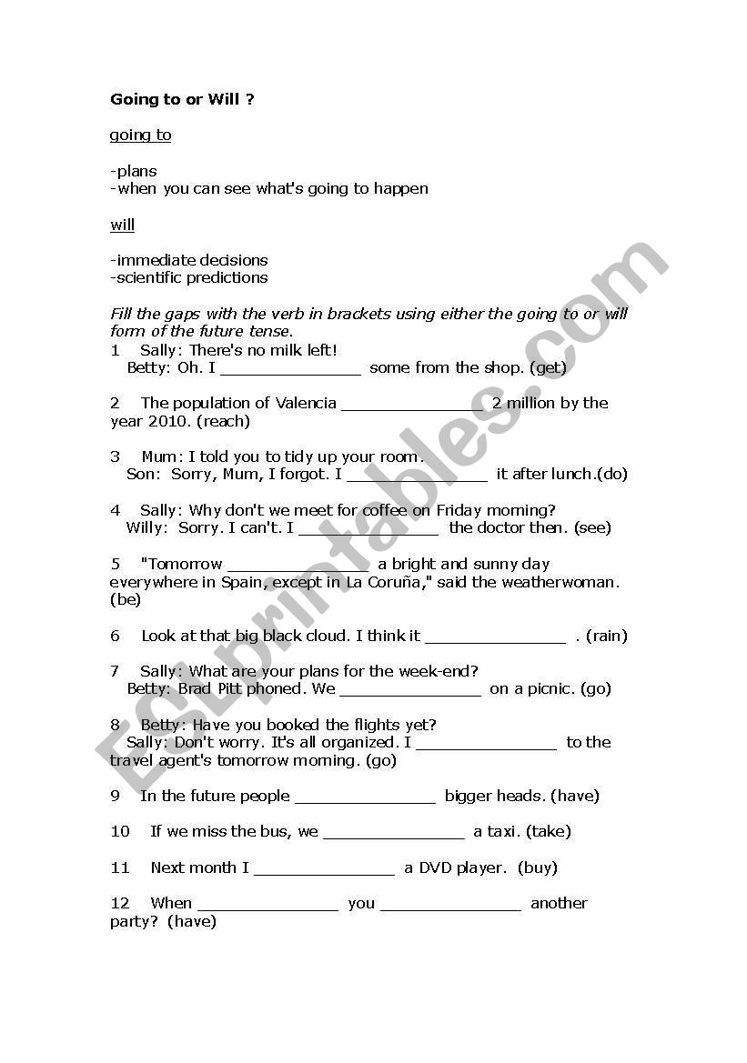 Future and Going to exercises worksheet