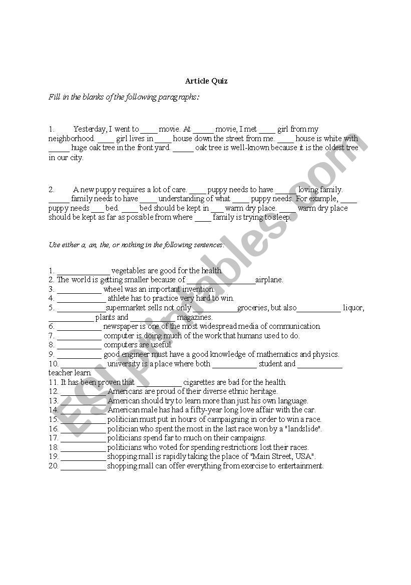 Article Practice worksheet