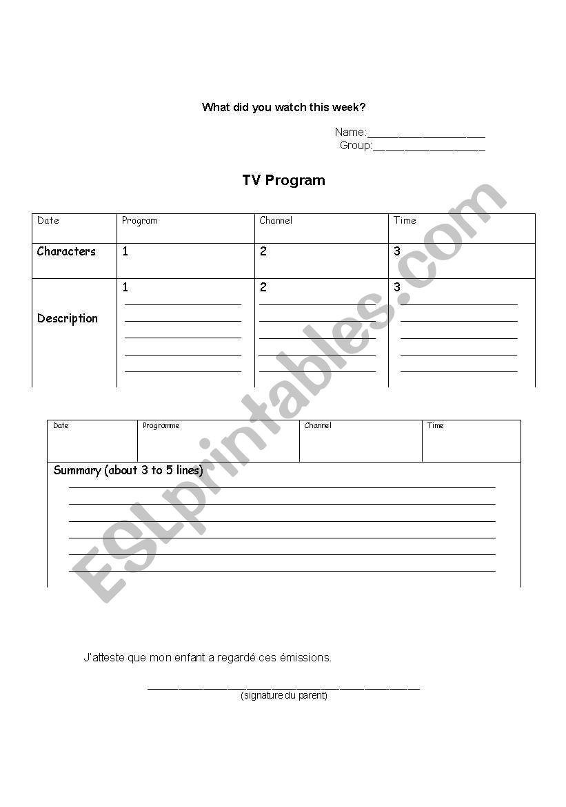 TV Program worksheet