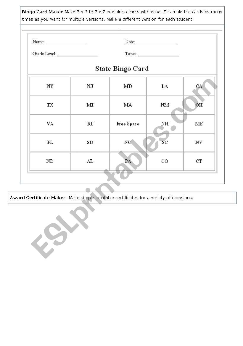 Bingo Card Maker worksheet