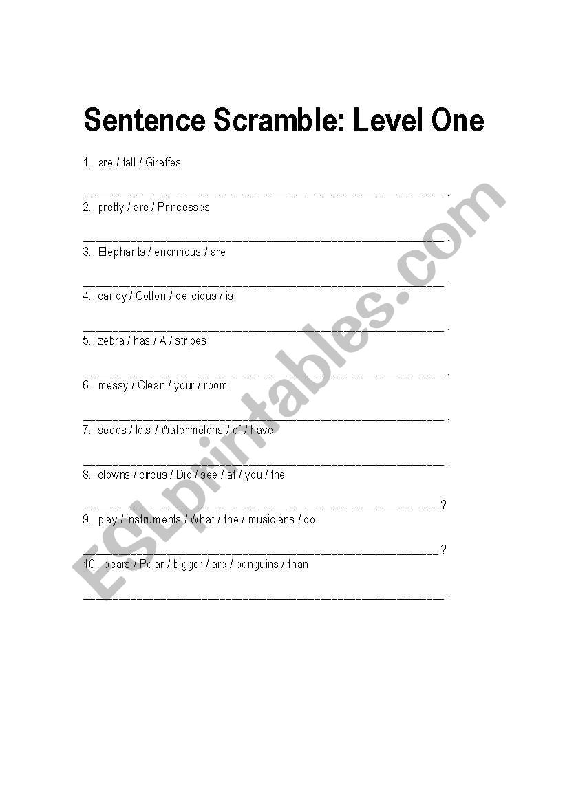 English worksheets: Sentence Scramble-Level One Vocabulary