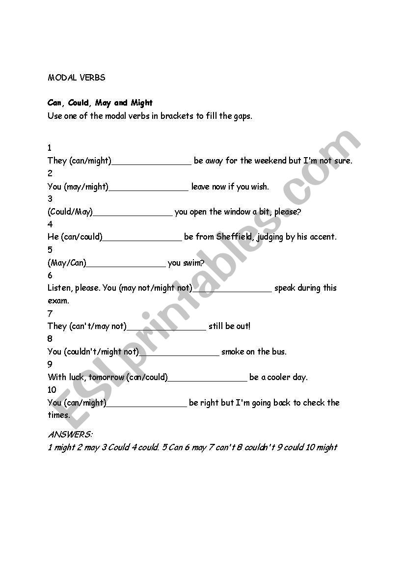 Modal Verbs Can Could May Might ESL Worksheet By Natie84