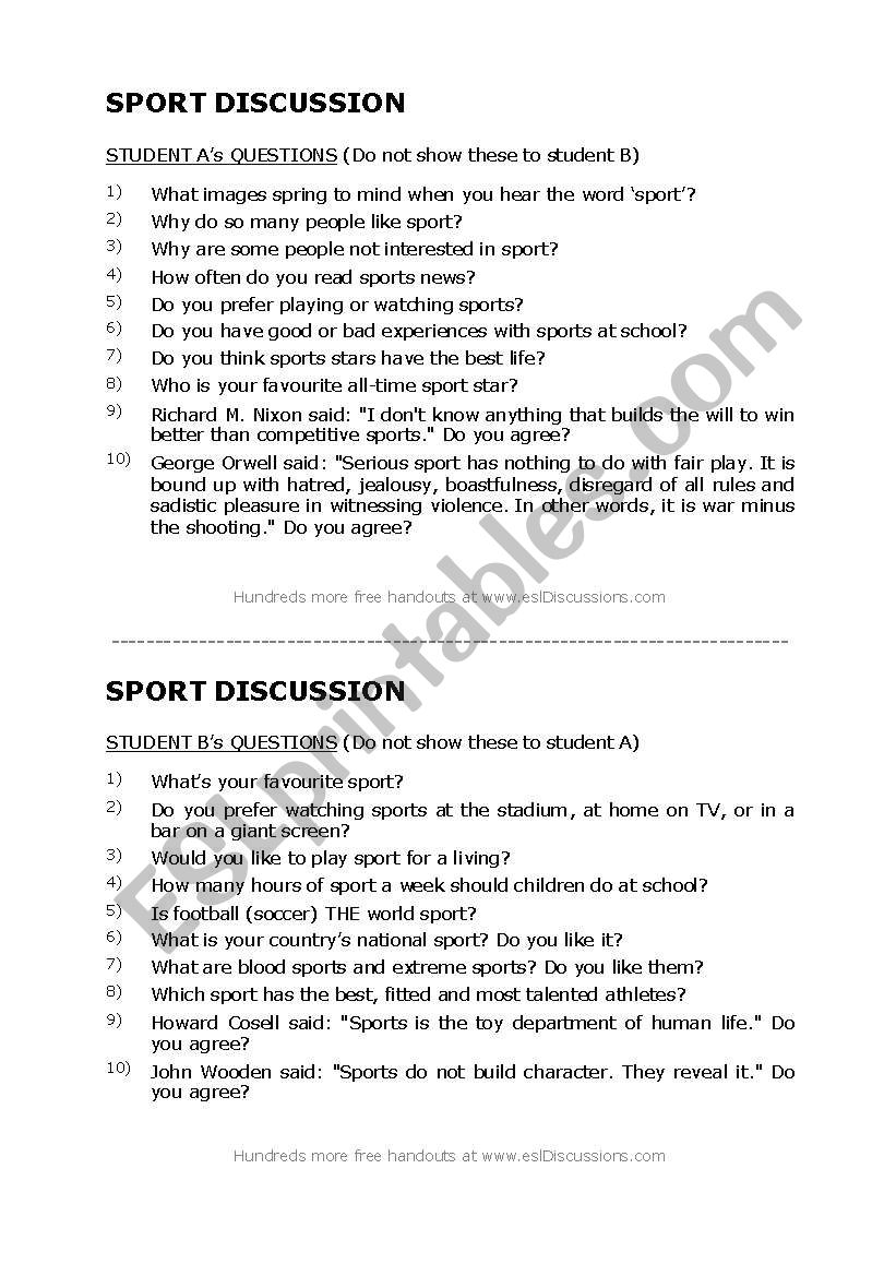 Sport discussion worksheet