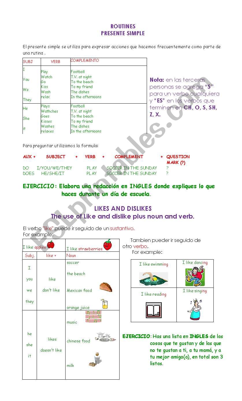 routines, likes and dislikes worksheet