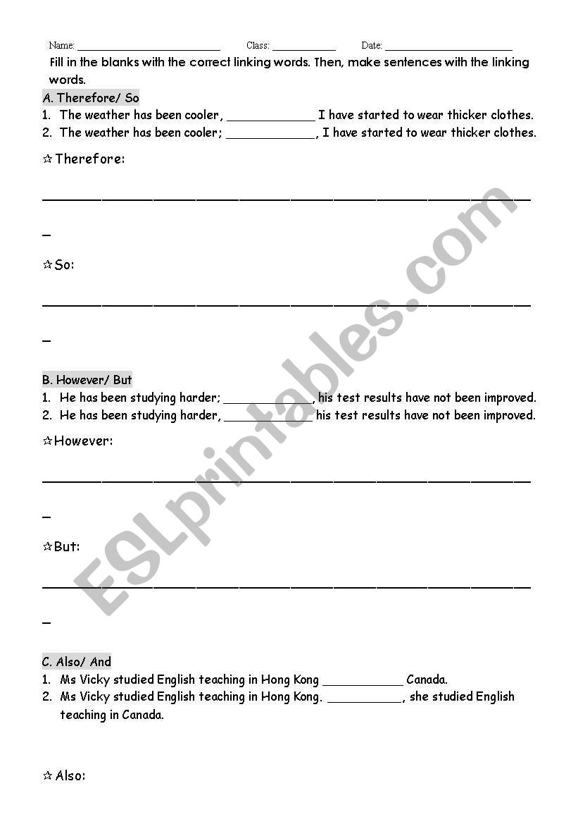 English Worksheets: Linking Words