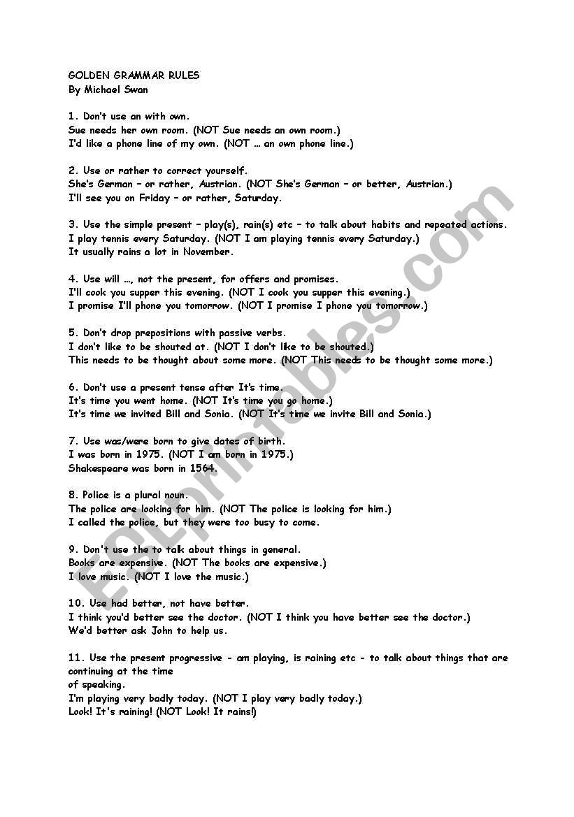 100 Golden Grammar Rules worksheet